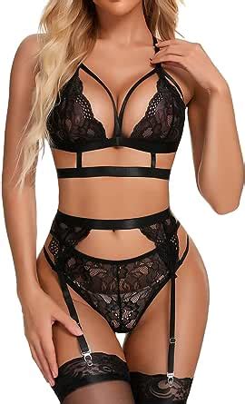 RSLOVE Sexy Lingerie For Women Floral Lace Bra And Panty Set 3 Pieces