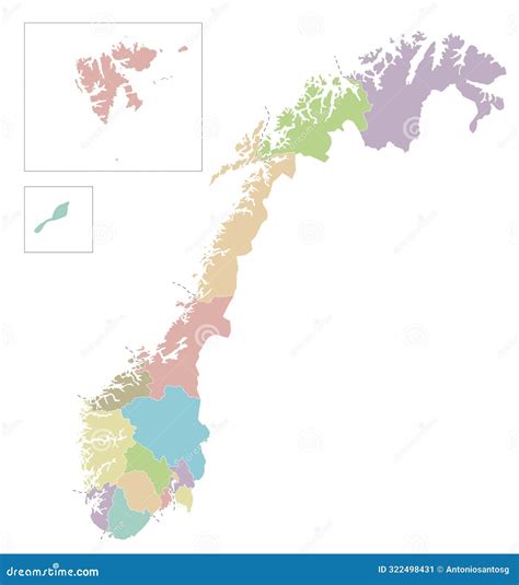 Vector Regional Blank Map of Norway with Counties and Territories, and