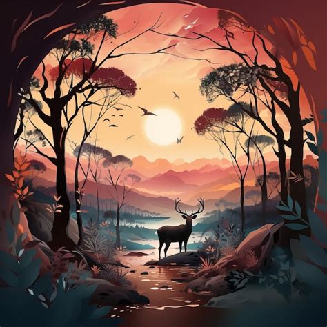 Premium Vector | A painting of a deer in the forest at sunset