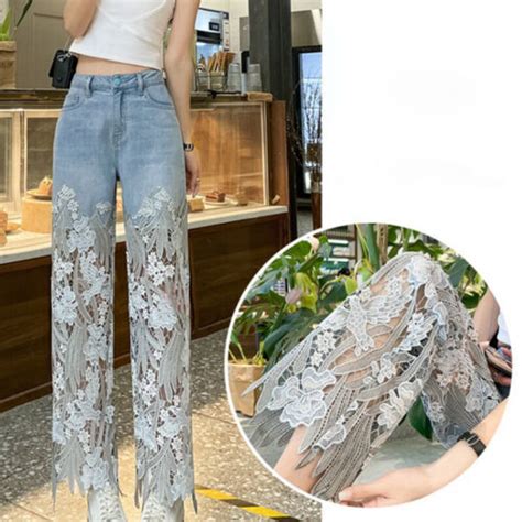 Lady Jeans Denim Pants Hollow Trousers Casual Lace Splice Embroidery