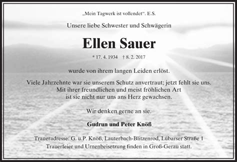 Traueranzeigen Von Ellen Sauer Vrm Trauer De