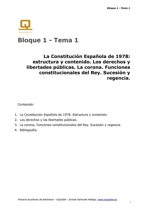 Bloque 1 TEMA 1 LA Constitucion Espanola DE 1978 Estructura Y