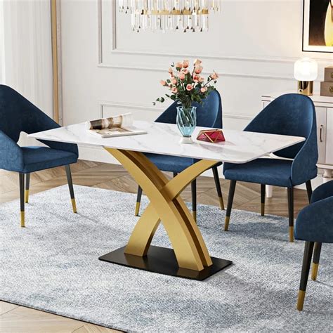 YITAHOME 55 2inch Modern Dining Table Rectangle White Marble Top And X