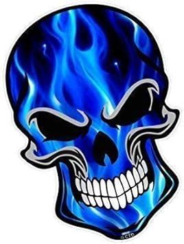 Gothic Biker SKULL Design With Electric Blue Flames Motif Vinyl Car