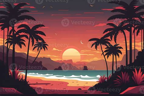 Synthwave Neon Landscape With Palm Trees And Sunset Retro Style Background Neural Network Ai