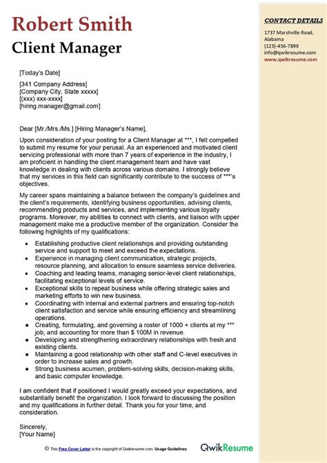 Client Manager Cover Letter Examples Qwikresume