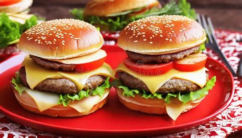 Layered Illusions Photorealistic Hamburgers On A Red Plate Stock