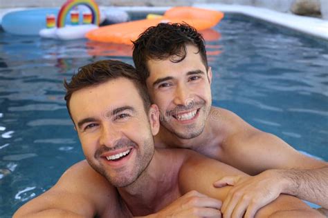 Gorgeous Interracial Gay Couple In Swimming Pool Stock Image Image Of