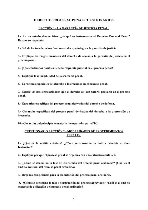 Derecho Procesal Penal Cuestionarios DERECHO PROCESAL PENAL