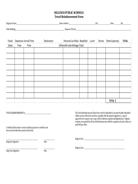 Fillable Online Billings Public Schools Travel Reimbursement Form Fax