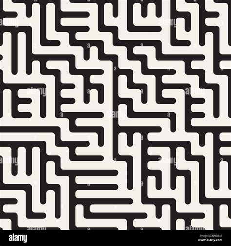 Vector Seamless Black And White Rounded Irregular Maze Lines Pattern