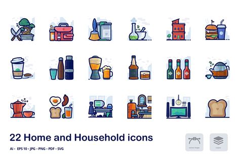 家庭生活概念矢量图标集 Home And Household Filled Outline Icons 大洋岛素材