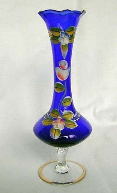 Vintage Egermann Bohemian Czech Art Glass Cobalt Blue Vase W Enamel