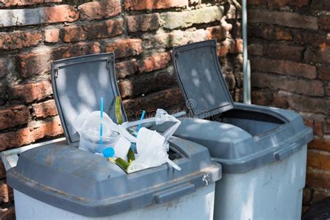 Garbage In Green Recycle Bins At Saraburi Thailand Stock Photo