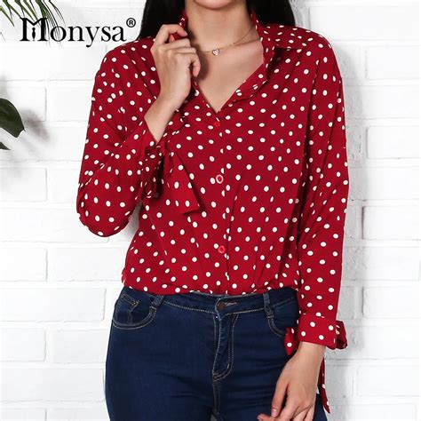 Red Vintage Polka Dot Shirts Women 2018 Autumn New Arrival Fashion Bow