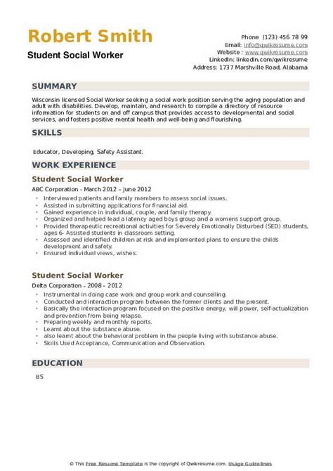 Student Social Worker Resume Samples Qwikresume