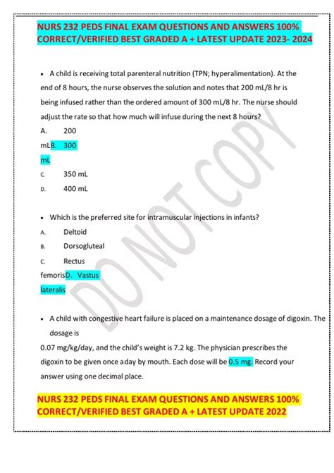 Nurs Peds Final Exam Questions And Answers Correct Verified