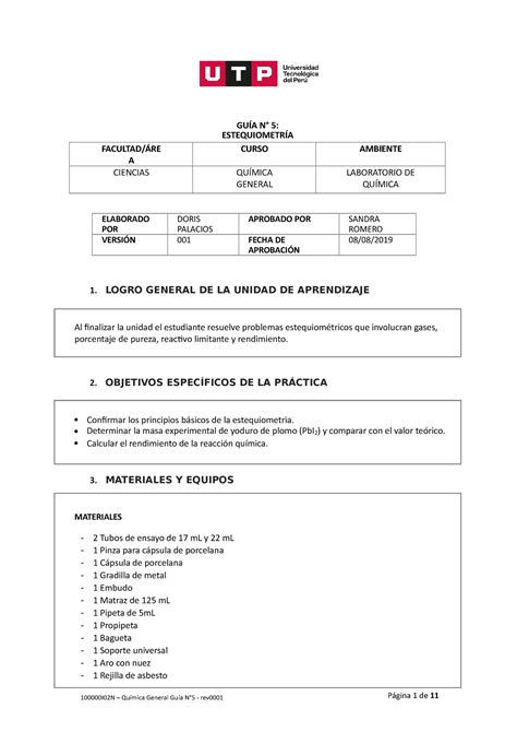 100000 I02N GUIA N5 Labquimi 01 Estequiometria Laboratorio De