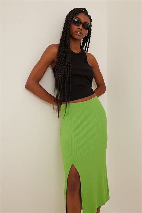 Ribbed Slit Midi Skirt Black Na