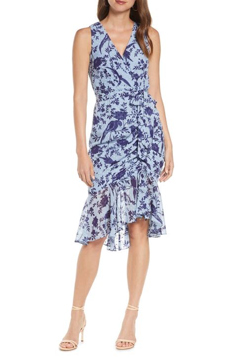 Eliza J Floral Ruched Chiffon Faux Wrap Dress Regular And Petite