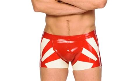 Fetish Latex Rubber White Rot Niedrige Taille Boxershorts Tight