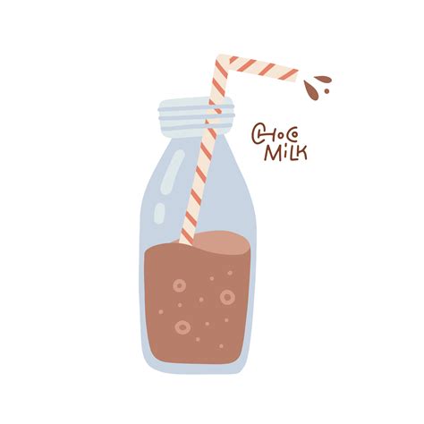 Glass Bottle With Chocolate Milk With Striped Straw Isolated Flat Hand