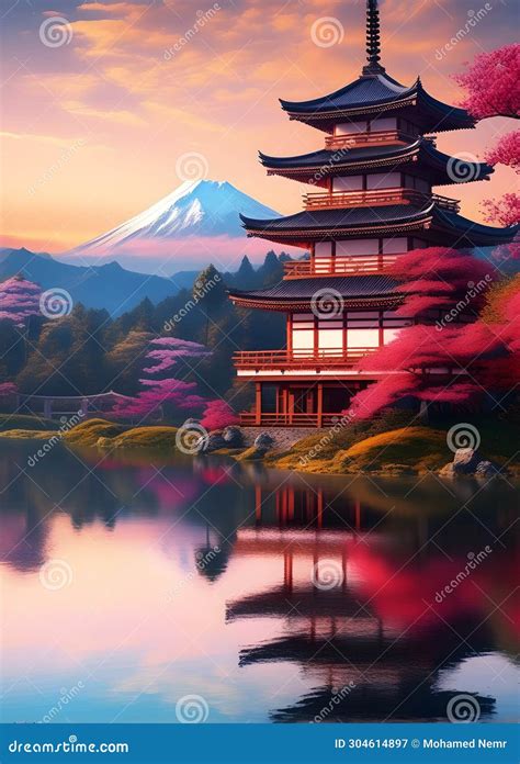 Japanese Temple in a Beautiful Japanese Landscape Stock Illustration ...