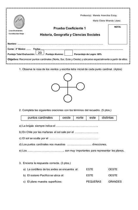 Prueba historia 1 puntos cardinales | DOCX