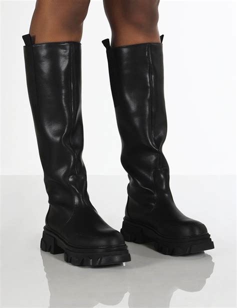 Genius Black Wide Fit Knee High Chunky Sole Boots Public Desire Shoes