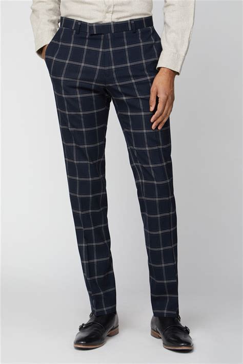 Limehaus Navy And Beige Checked Slim Trousers Uk