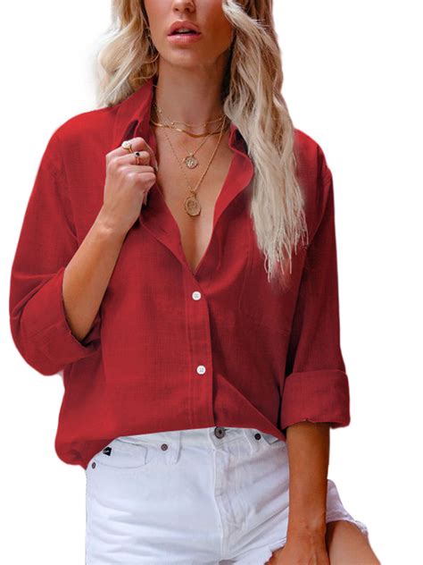 Sexy Dance Women Summer Button Down Blouse Shirts Cotton And Linen Long Sleeve Lapel V Neck