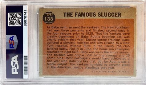 1962 Topps The Famous Slugger Babe Ruth Card 138 Fresh Grade PSA 5