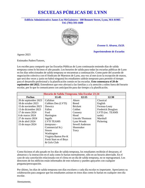 Early Release Schedule - 2023/2024 - Lynn Public Schools