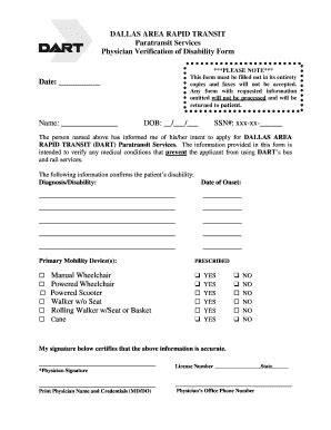 Fillable Online Dart Physician Verification Of Disability Form Dart