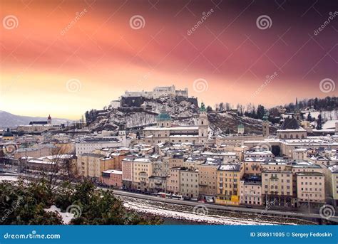 Salzburg with Festung Hohensalzburg and Salzach River in Winter Sunset ...