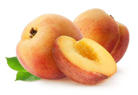 Peach Isolated Two Whole Peach Fruits With Half And Leaves Isolated On