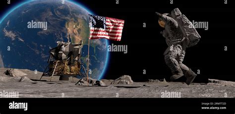 Lunar astronaut jumping on the moon and saluting the American flag ...