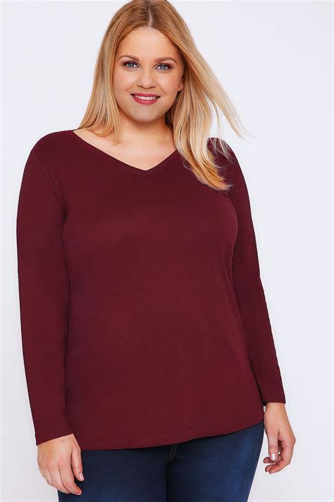 Burgundy Long Sleeve V Neck Plain T Shirt Plus 16 18 20 22 24 26 28 30