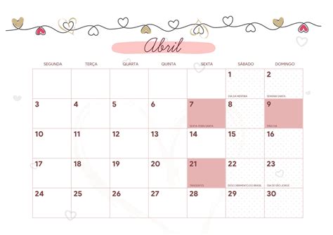 Calendario Mensal Coracao Abril Fazendo A Nossa Festa