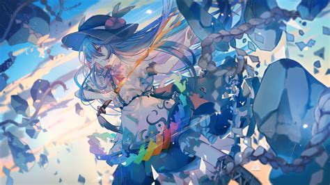 Long Skirt Sky Clouds Touhou Hinanawi Tenshi Blue Hair Hat Anime Girls Long Hair Anime