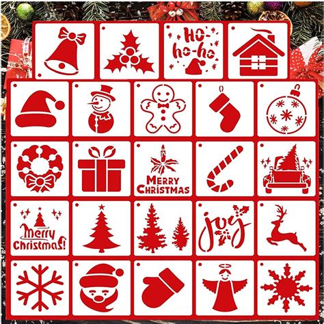 Melhope 24pcs 3x3 Inches Christmas Stencils Christmas Reusable Painting Template For Painting On