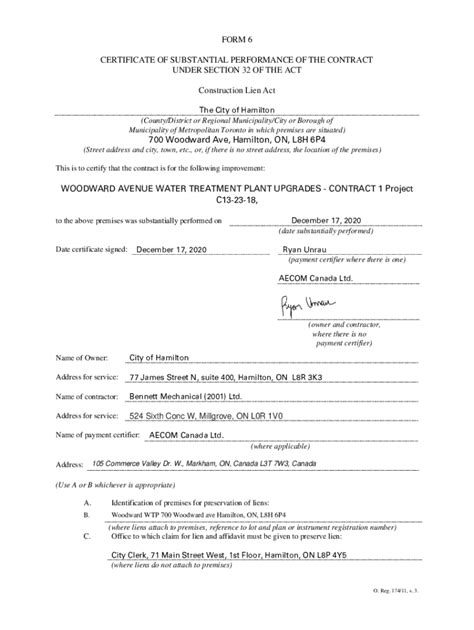 Fillable Online Form 6 Certificate Of Substantial Performance