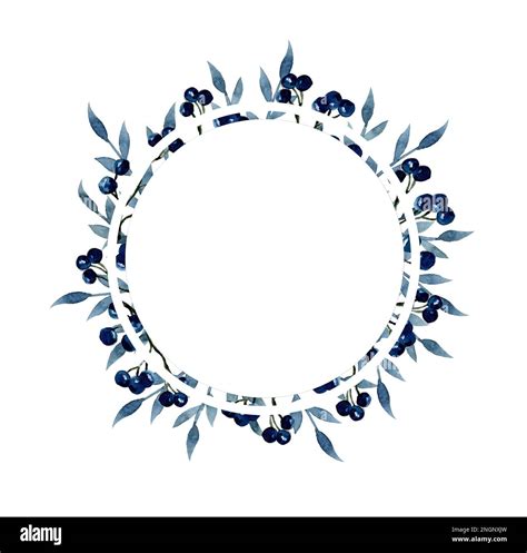 Watercolor Round Frame With Blue And Blue Leaves Winter Plants Design