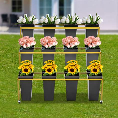 Flower Display Stand With 12pcs Buckets 3 Layers Metal Plant Stand With