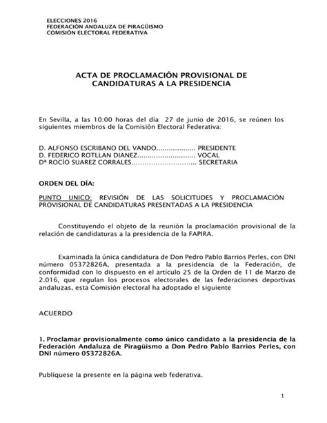 Acta De ProclamaciÓn Provisional De Candidaturas A