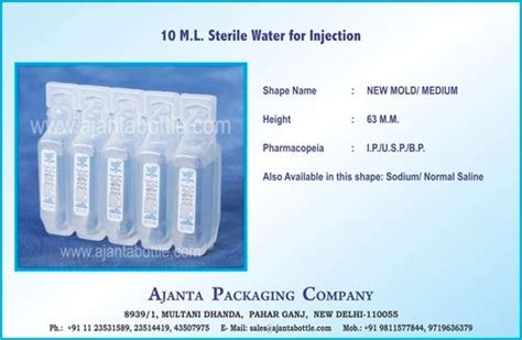 10 M L Sterile Water For Injection Hardness Soft At Best Price In New Delhi Ajanta Bottle