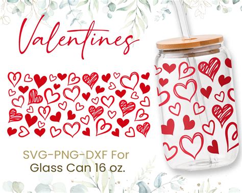 16oz Hearts Pattern Libbey Glass Can Svg Glass Can Wrap Svg Coffee