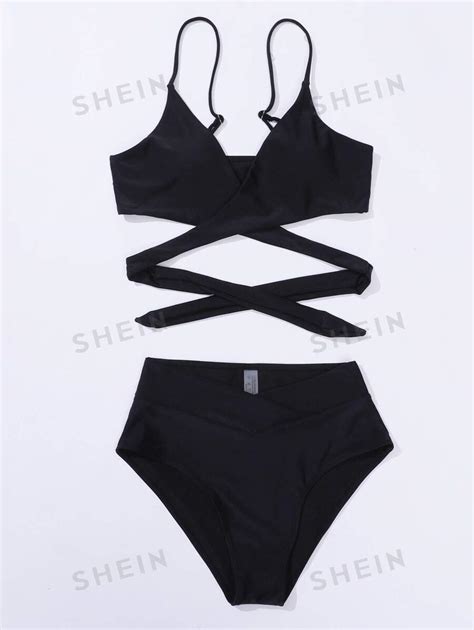 SHEIN Swim Einfarbiges Bikini Set mit überkreuztem BH zum Binden am