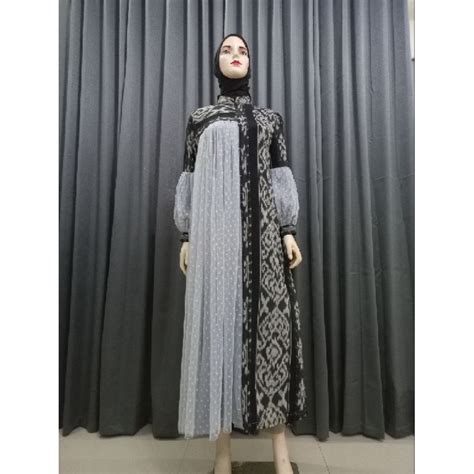 Jual Ready Stock Gamis Raya Abu Silver Dress Tenun Couple Full Tenun