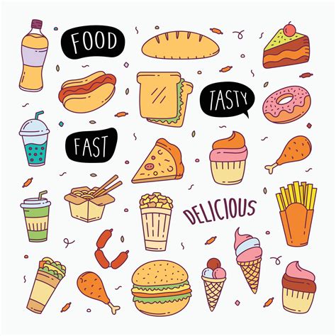 Fast food doodles hand drawn line art style object elements 2390763 ...